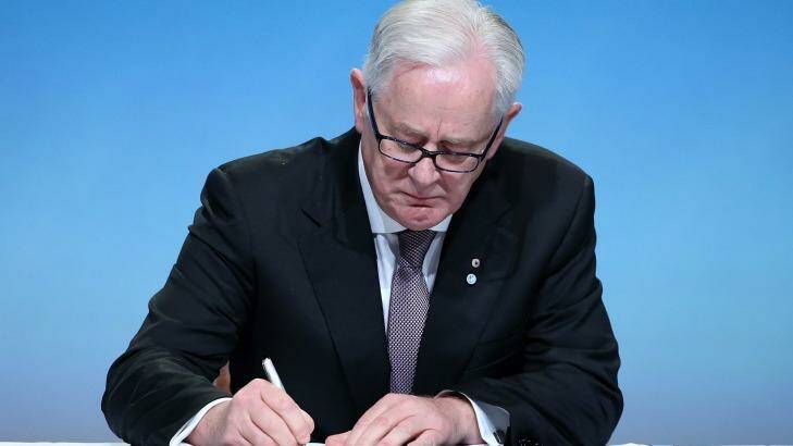 Minister of Trade and Investment Andrew Robb signs the Trans Pacific Partnership on Thursday. Photo: Fiona Goodall