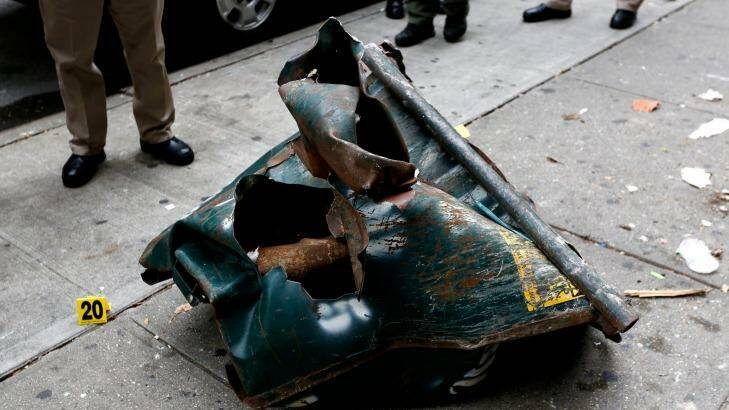 A view of a mangled construction toolbox at the site of an explosion that occurred on Saturday night in New York. Photo: Justin Lane
