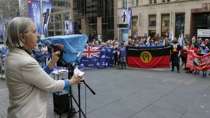 Greens Senator Lee Rhiannon addresses the rally against the Trans-Pacific Partnership (TPP), in Martin Place. Photo: Quentin Jones