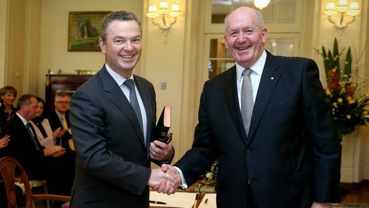 Christopher Pyne, with Governor-General Sir Peter Cosgrove, being sworn-in as Minister for Defence Industry  in July. Photo: Alex Ellinghausen