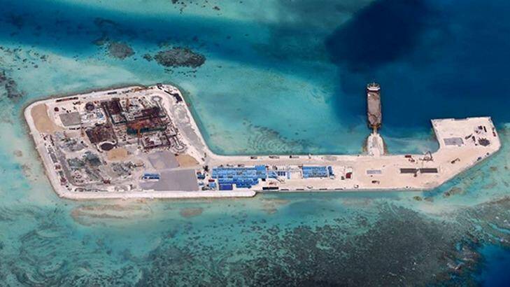 A Chinese development at Hughes Reef in the Union Banks, located in the northern Spratly Islands. China's land reclamation program is an effort to redraw the maritime map in the South China Sea. 