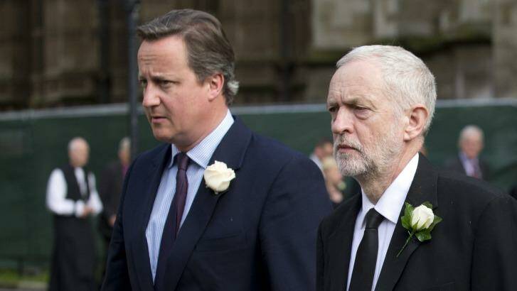 Britain's Prime Minister David Cameron and Labour Party leader Jeremy Corbyn arrive at St Margaret's Church in London for a memorial service for Jo Cox. Photo: Matt Dunham/AP