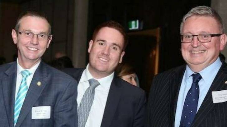 At 26 years old, Mitchell Price (centre) is already well-established in the Liberal Party, where he works as a senior adviser to Coogee MP Bruce Notley-Smith (left). Also pictured is Liberal MP Don Harwin (right). Photo: Facebook