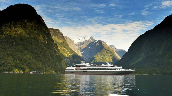 Ponant's ship L'Austral in Milford Sound in New Zealand. Photo: Supplied