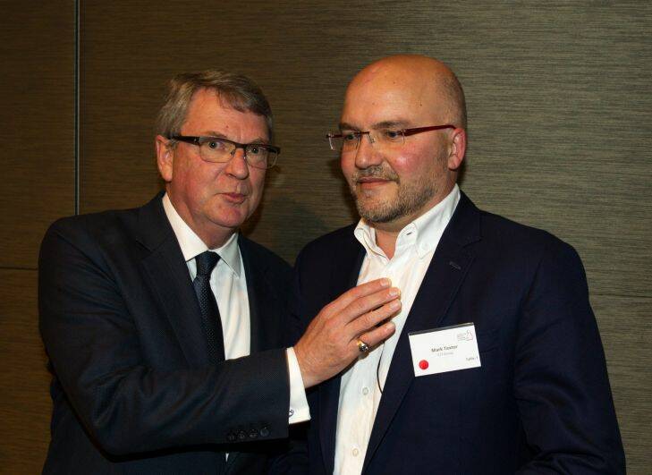 Lynton Crosby, left, and Mark Textor after addressing the Australian British Chamber of Commerce at The Westin Hotel, Sydney. 6th August 2015 Photo: Janie Barrett