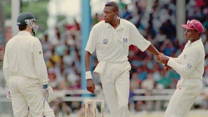 The way we were: Richie Richardson pulls Curtly Ambrose away from Steve Waugh during a fiery clash in 1995. Photo: Gill Allen