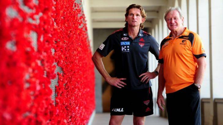 James Hird's Essendon are a regular on Anzac Day, while Kevin Sheedy's Giants want a piece of the action. The pair are pictured at the War Memorial in Canberra in 2013. Photo: Melissa Adams