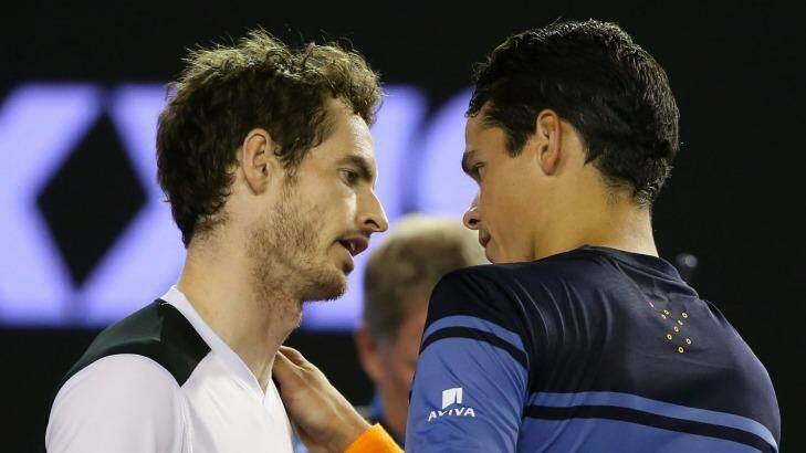 Respectful:  Murray is congratulated by Raonic after winning the semi-final battle. Photo: Michael Dodge