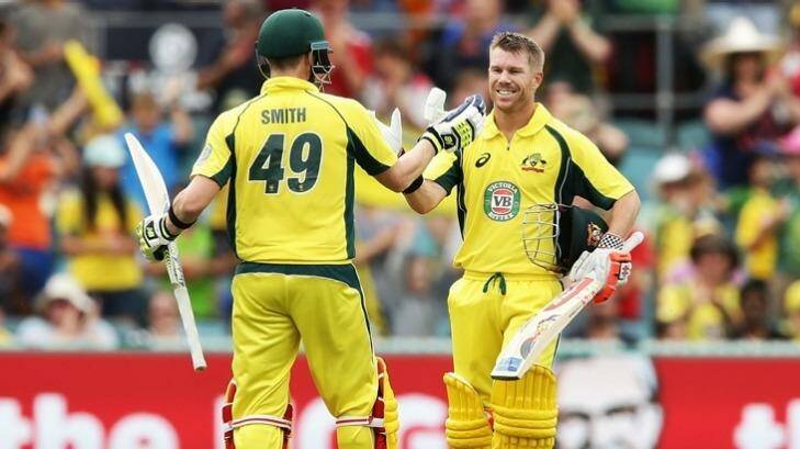 David Warner celebrates his 10th ODI century during Australia's win over New Zealand at Manuka Oval in Canberra on December 6. Photo: Cricket Australia
