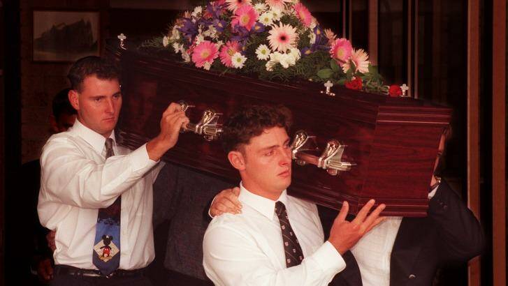Alison Lewis' brothers, Phillip and Nicholas, carry her coffin from St Patrick's Catholic Church in Lithgow in 1997.  Photo: Quentin Jones