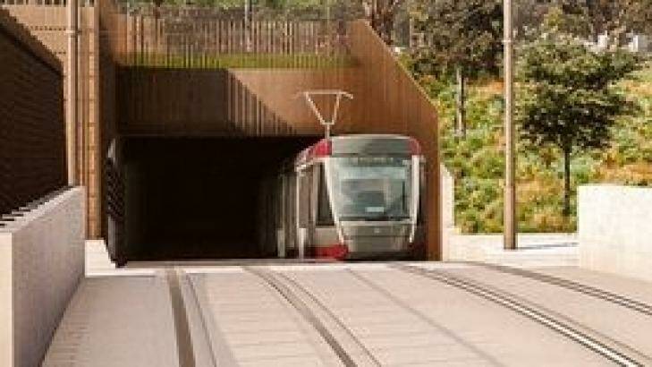 An artist's impression of a tram approaching the light rail bridge over the Eastern Distributor. Photo: Supplied
