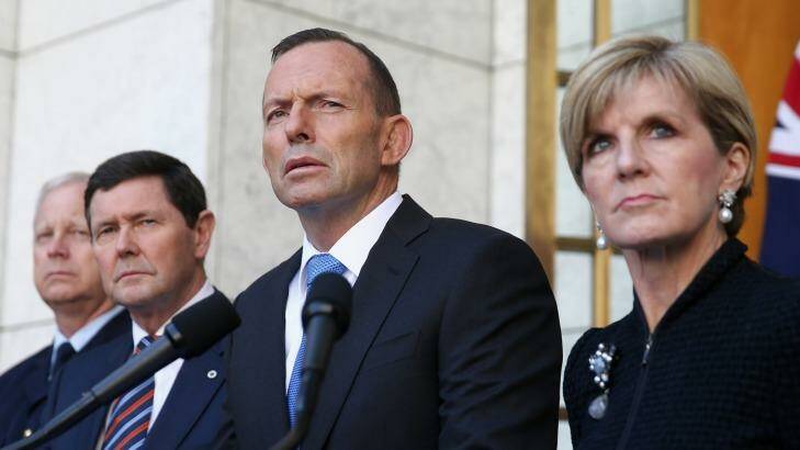 Chief of the Defence Force Air Chief Marshal Mark Binskin, former defence minister Kevin Andrews, former prime minister Tony Abbott and Foreign Minister Julie Bishop announced Australia would take 12,000 refugees from Syria and Iraq in September 2015. Photo: Alex Ellinghausen