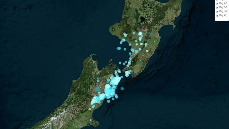 A map from GeoNet showing the distribution of aftershocks. Photo: GeoNet