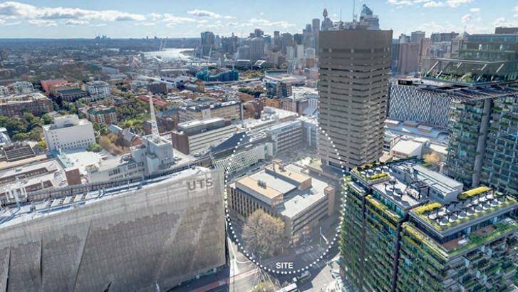 UTS' building two (circled), next to the tower, would be demolished and a new 16-level glass-fronted campus building would be built on the site. Photo: NSW Department of Planning