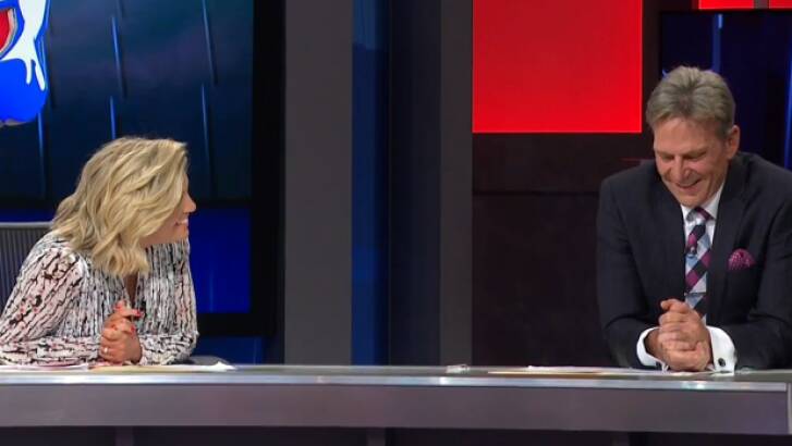 'What was it like playing with my great-grandfather?': Rebecca Maddern teases Sam Newman on her Footy Show debut. Photo: Supplied