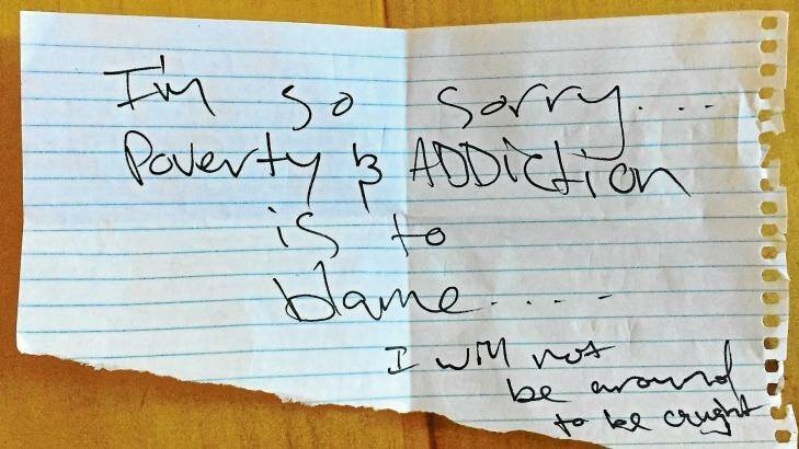 A note left by thieves who broke into the Byng Street Local Store and Cafe. Photo: Supplied