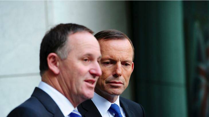 Prime Minister Tony Abbott with New Zealand Prime Minister John Key. A party set up to lobby for Kwis living overseas has been denied registration in time for the NZ election.
 Photo: Melissa Adams