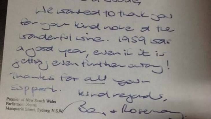 The thank-you note from former NSW Premier Barry O'Farrell for bottle of 1959 Grange. Photo: Supplied