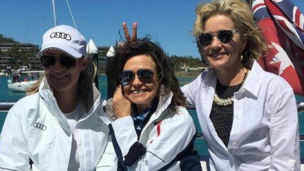 From left, Channel Seven's Mel Doyle, Nine's Lisa Wilkinson and Channel Ten's Sandra Sully at Audi Hamilton Island Race Week on Sunday. Photo: Sandra Sully/Instagram
