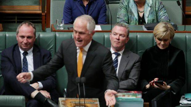 Question time: from left, Barnaby Joyce, Malcolm Turnbull, Christopher Pyne and Julie Bishop in parliament on Tuesday. Photo: Andrew Meares

