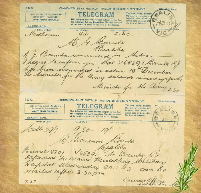 Telegrams sent home to Bealiba tells the family of Albert's injury. 