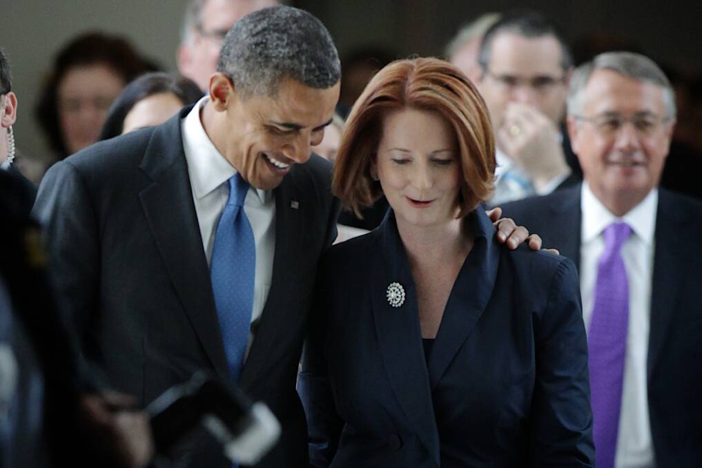 Australia's first female Prime Minister Julia Gillard shares a moment with the US President Barack Obama. Fairfax Regional images.