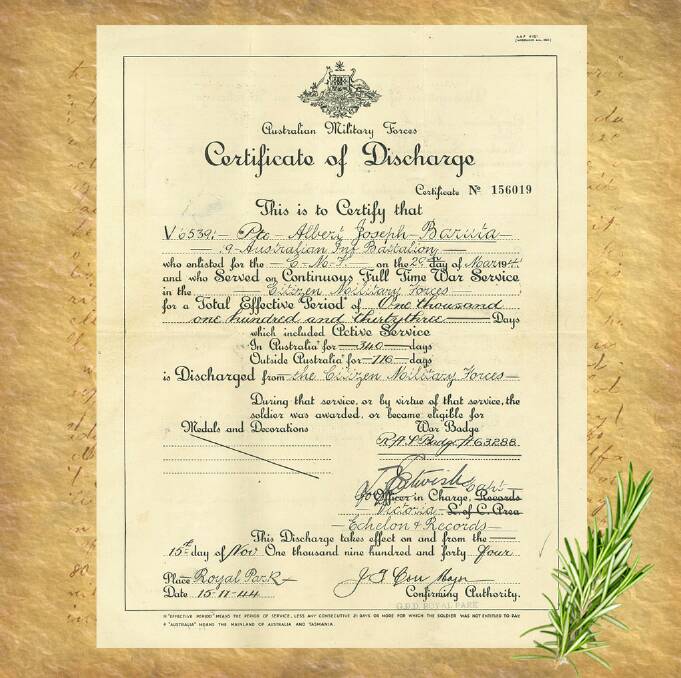 War is over - Albert's discharge certificate from 1944. Photo Emma Brown.