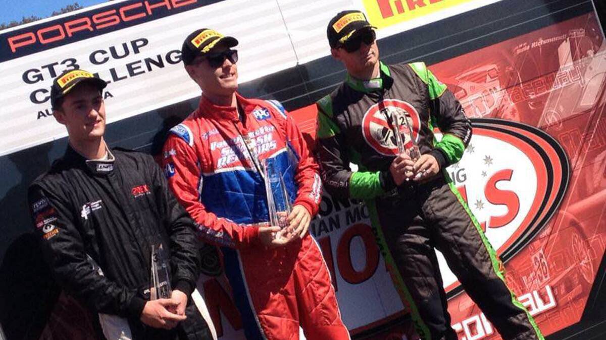 PODIUM: Dylan O’keefe ran third, behind first place Ryan Simpson and second place Jon McCorkindale of Young during the first round of the Porsche GT3 Cup Challenge. (sub)