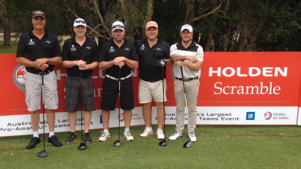GOLF: Craig Chapman, Ian Broderick, Steve Dewar, Ian Page and Warren Coulsen at the Twin Waters Golf Club in Queensland for the 2014 Holden Scramble Championship final. 	(sub)