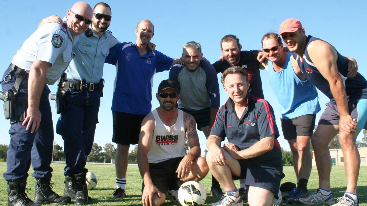 TRAINING: Ray Mitchell, Ben McInerney, Gordon Steele, Richard Page, Paul Everdell, Mick Skillen, Roy Jewitt, (front) Corey Lincoln and Noel Bell getting in some practice before this weekend’s carnival.   (soccer (2))