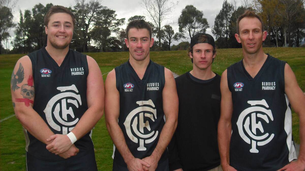 SELECTION: Former Saint Sam Herzich has been named in the AFL Canberra Division Three representative side to play South Coast on Saturday at Merimbula. Herzich is in his first season with the Blues, and has impressed everyone in the Blues camp for his speed and ball sense. The Saint is no stranger to representative football having previously played for Central West against Northern Riverina. The South Coast competition is Illawarra based, with five of the eight clubs coming from Wollongong.  The match at Berrambool Oval in Merimbula commences at 2.15pm. Herzich (second from right) is pictured with Cootamundra players Joel Pearson, Stephen Chant and Chris Drum.  (sub)