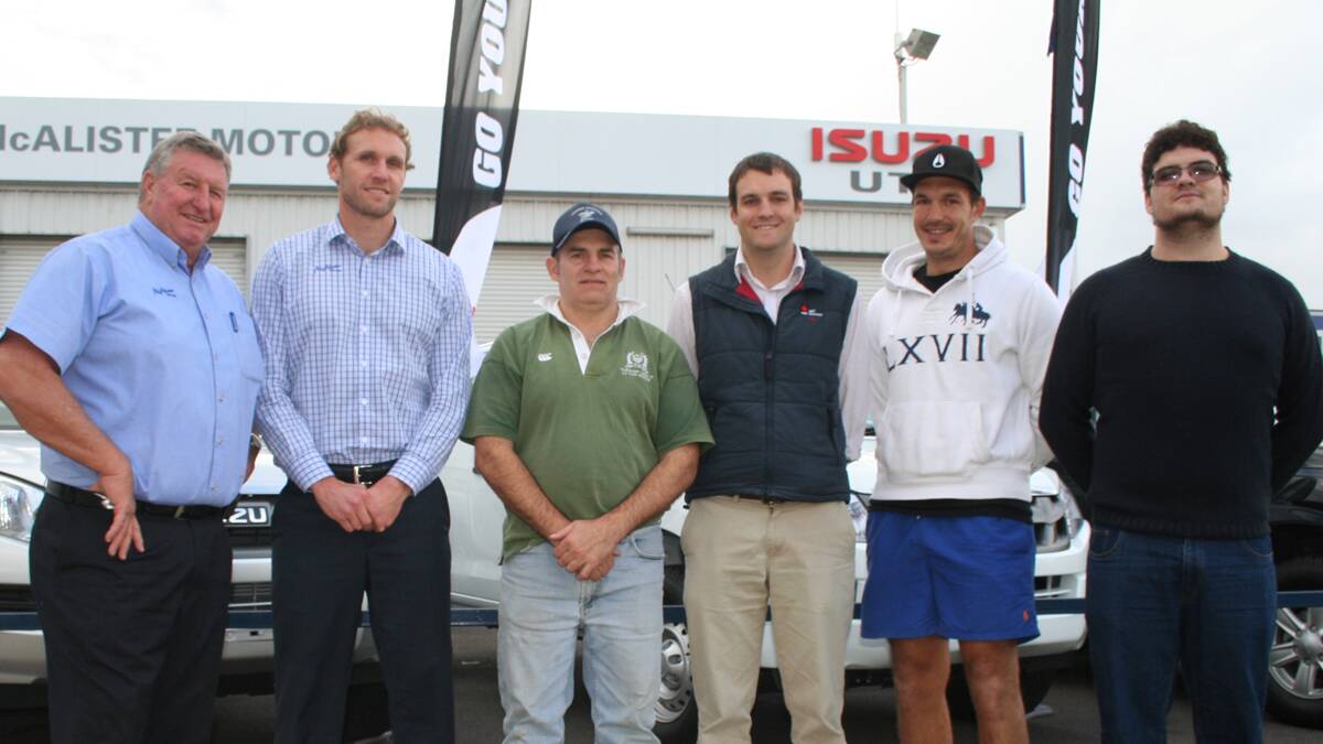 SPONSORS: Ian and Hugh McAlister of McAlister Motors and Isuzu Utes Young with Yabbies’ committee members Mick Hudson and Ben Simmons, and new club recruits Baptiste Nutte of France and Thomas Cafolla of England. 			            (yabbies)