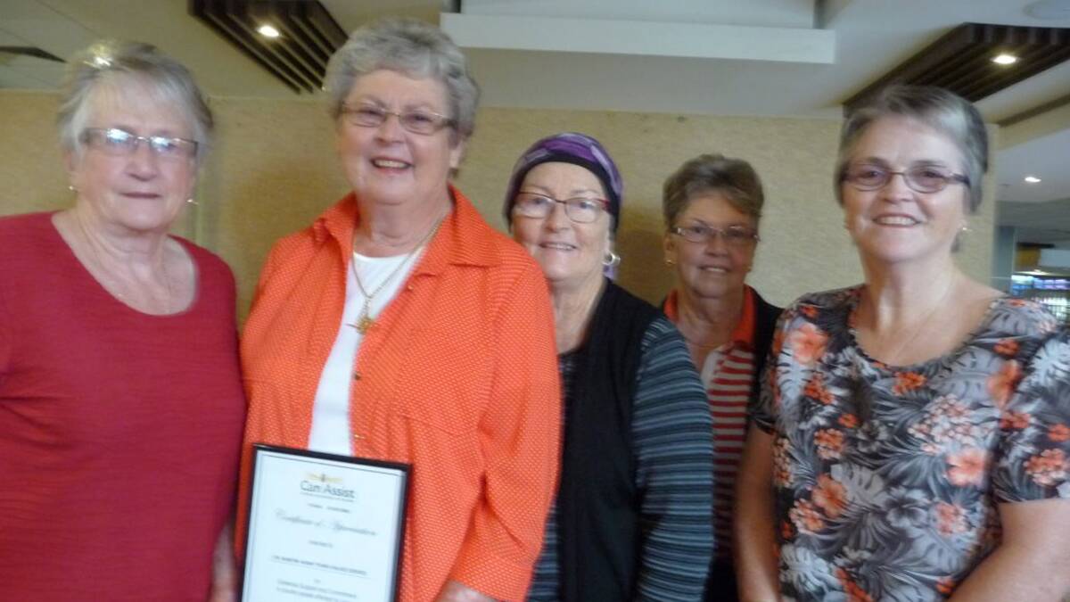 FAREWELL: A certificate of appreciation was presented to long-time CanAssist member Lyn Martin who’s leaving town, at a recent gathering. Pictured with Lyn (second from left) are  Joan Baxter, Judy Hesketh, Lynne Page and Shirley Roberts, all members of CanAssist and friends of Lyn.                (sub)
