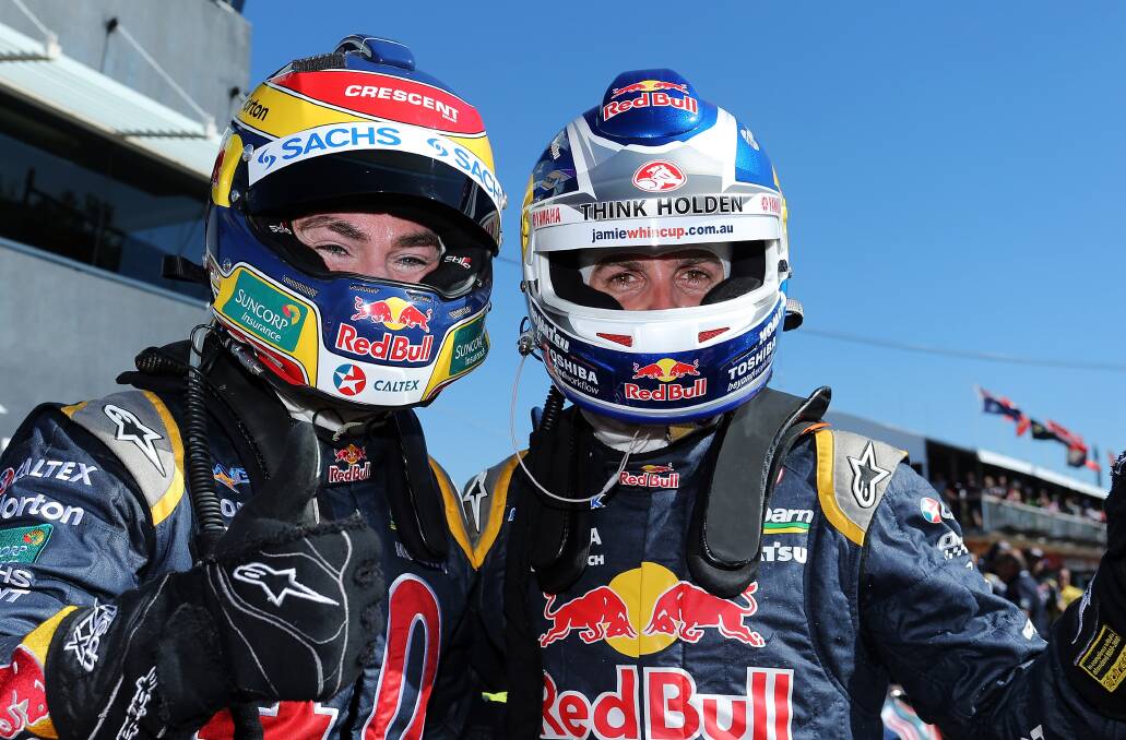 FORCE: Red Bull team-mates Craig Lowndes (left) and Jamie Whincup (right) have been regulars on the Bathurst 1000 podium over the last decade. Photo: GETTY IMAGES 	100415redbull
