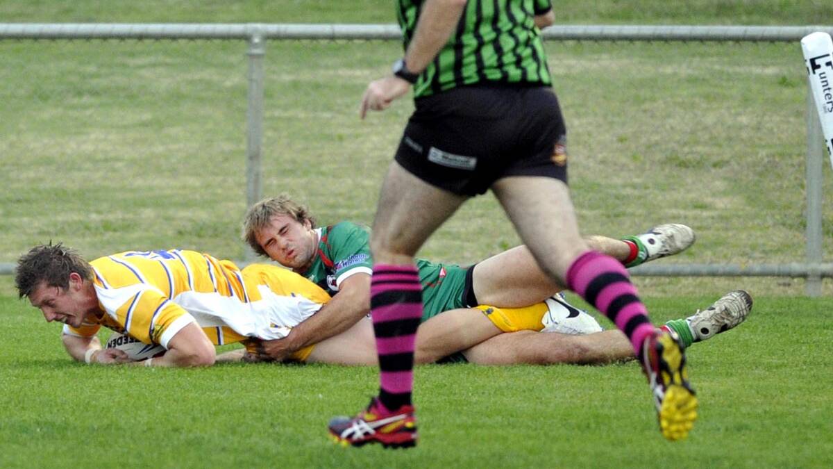 HAT-TRICK: The opposition were too slow for Young’s Jack Hetherington (pictured scoring a try) who scored a hat-trick in the first half of the Group 9 versus Group 20 First Grade match at Wagga on the weekend. 
Photo: Les Smith.