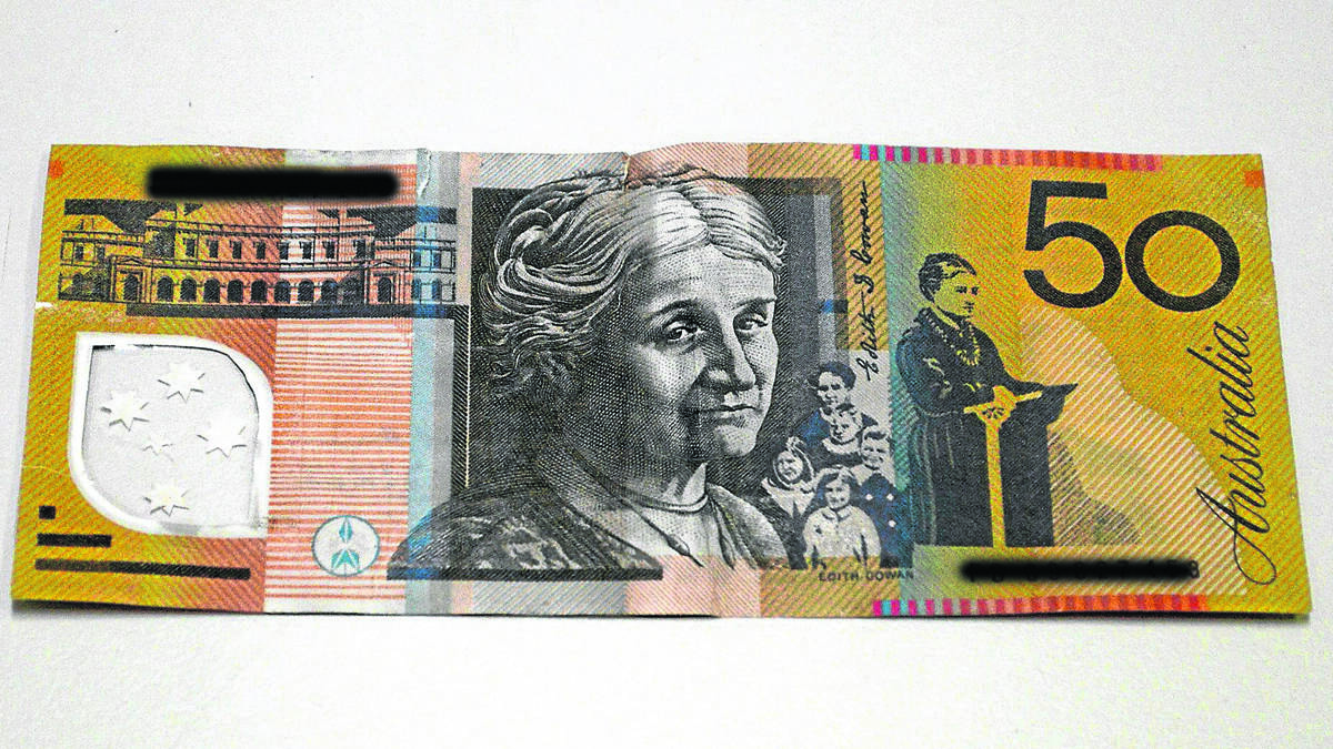 fake: an image of a counterfeit $50 note police obtained in Young.