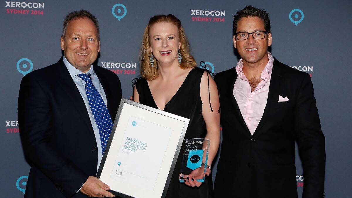 AWARD WINNERS: Rob Drury Xero CEO, Erin Adams Twomeys Xero Specialist and Chris Ridd managing director, Australia Xero at Xerocon 2014. 					(sub)