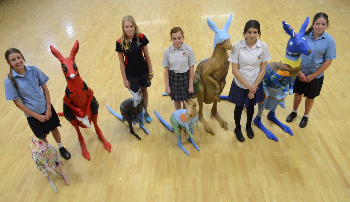 Five of the six youth finalists with their kangaroos, Marylou Minehan, Taylor Waugh, Abbie Dunshea, Demoore Abbas and Maddie Smith.
