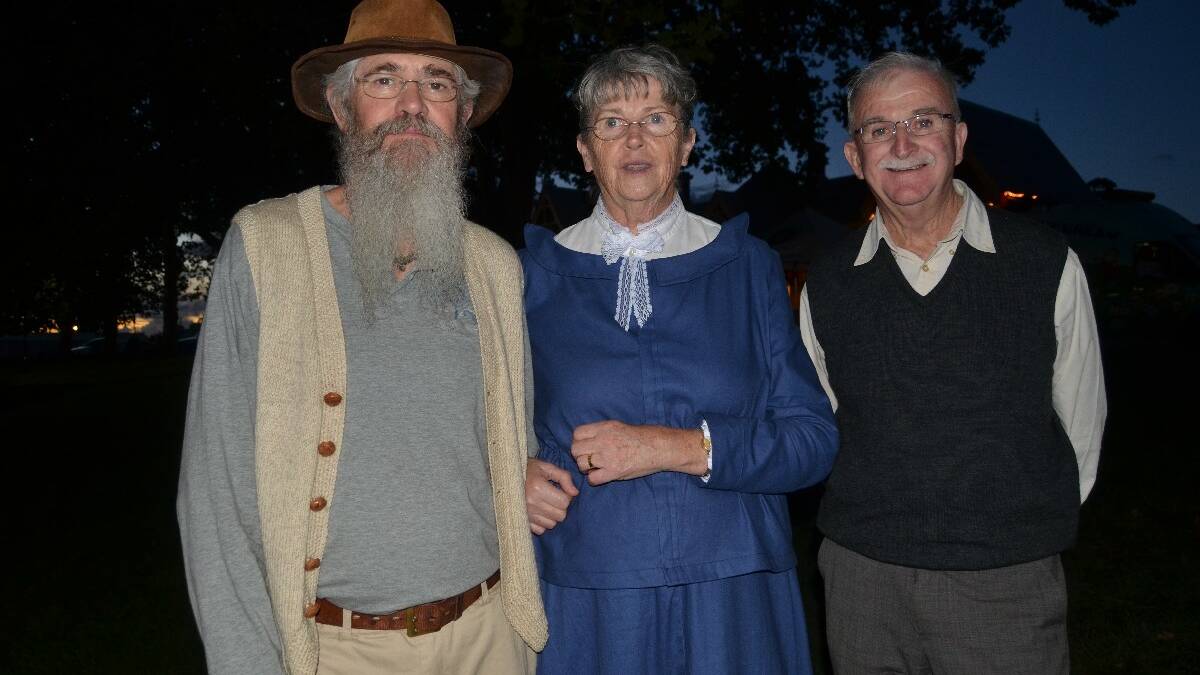 Keven and Marilyn Stemm of the Lambing Flat Museum dressed up for the festival and are pictured with Allen Crowe.