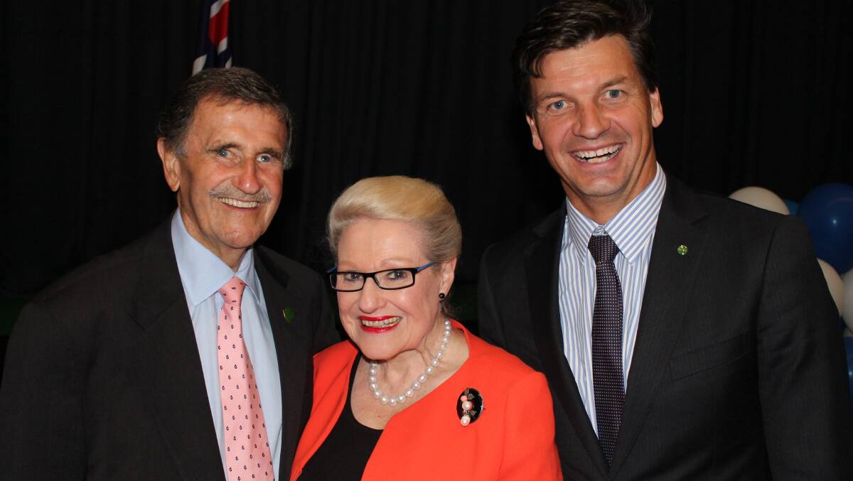 Speaker Bronwyn Bishop with former Member for Hume, the late Alby Schultz (left), and his predecessor  Angus Taylor (right) at the Liberal Party fundraiser dinner held at Young last November.