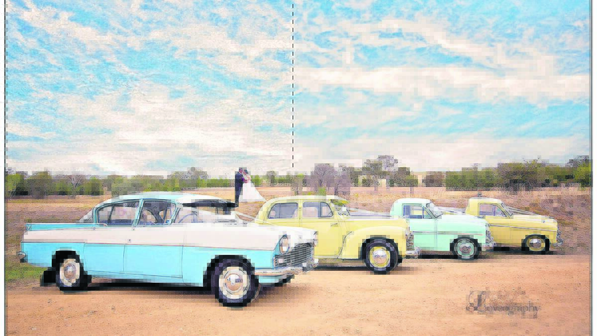 MAGIC: The bride and groom - Ian Dawe and Bridgett Richens - posed for a photo with the four restored Vauxhall cars.    Photographer: Adele Pardy of LOVEOGRAPHY fine art photography