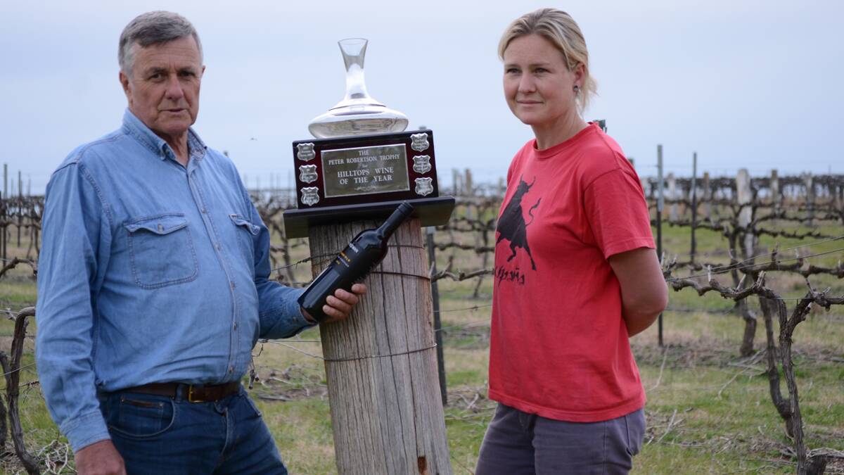 Brian and daughter Xanthe Freeman from Freeman VIneyards with their trophy and award-winning wine. 
