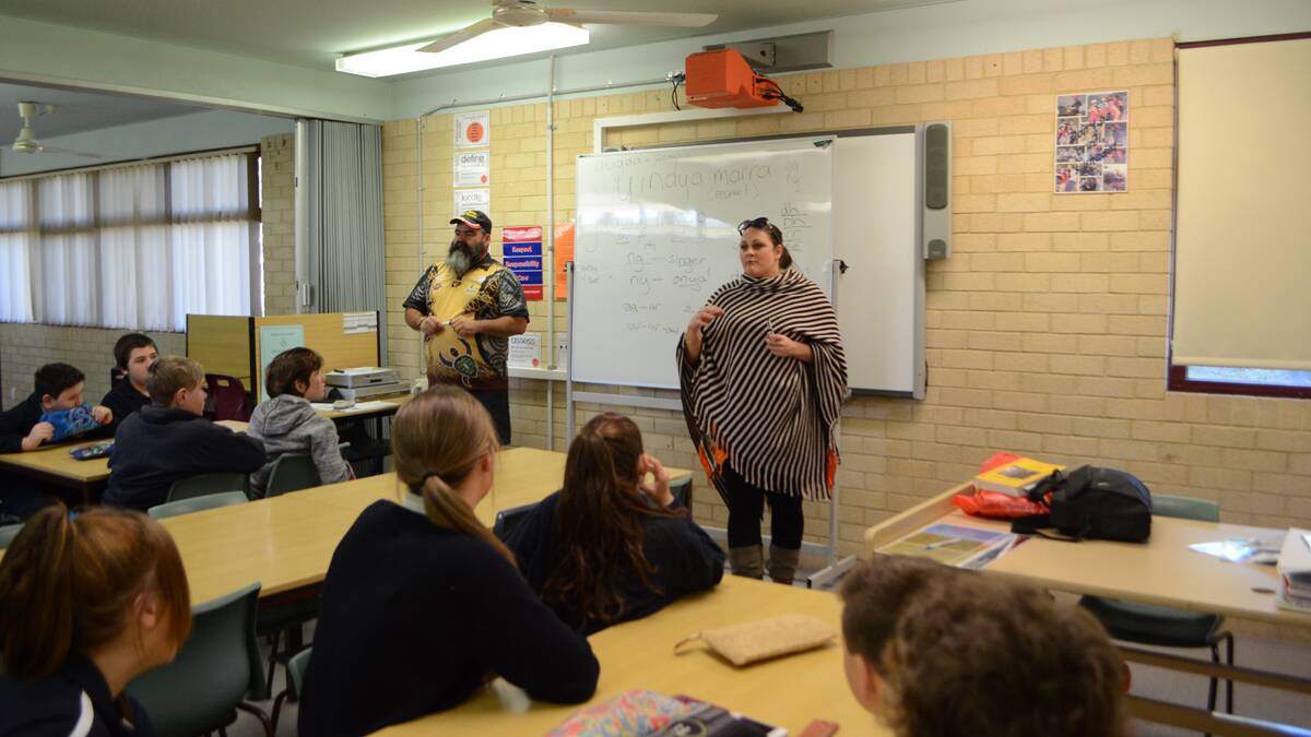 Harry Lambshead and Letetia Harris teaching a year seven class Wiradjuri.      