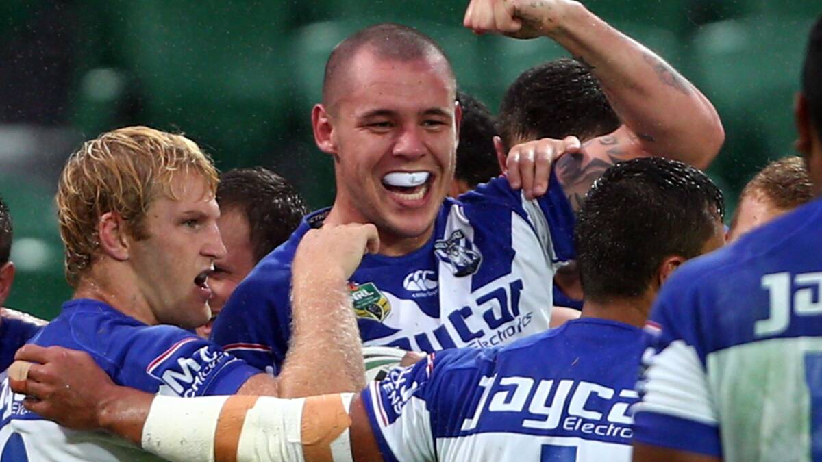 David Klemmer of the Bulldogs celebrates his try during the round four NRL match between the Canterbury-Bankstown Bulldogs and the Melbourne Storm. Picture: Getty