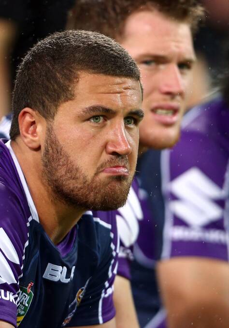 Kenny Bromwich of the Storm shows his disappointment during the round four NRL match between the Canterbury-Bankstown Bulldogs and the Melbourne Storm. Picture: Getty
