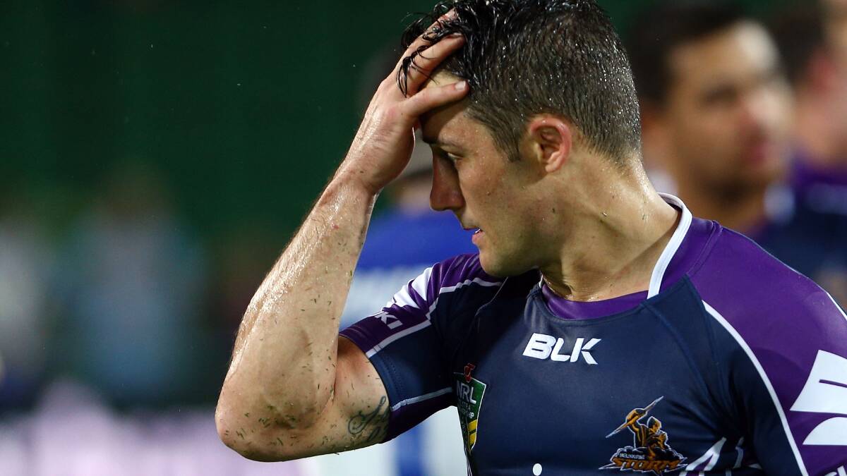 Dejected Storm captain Cooper Cronk after the round four NRL match against the Canterbury-Bankstown Bulldogs. Picture: Getty