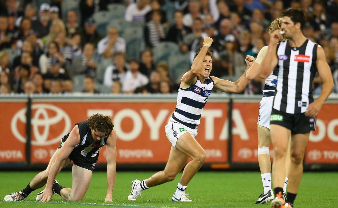 Andrew Mackie of the Cats celebrates kicking a goal at the MCG. Geelong ran out 87 points to Collingwood's 76. Picture: Getty Images