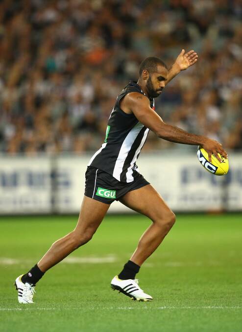 Heritier Lumumba of the Magpies kicks during the round three AFL match at the MCG. Geelong ran out 87 points to Collingwood's 76. Picture: Getty Images