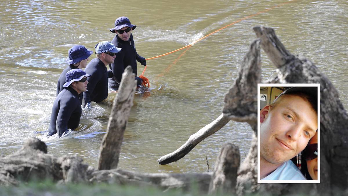 Emergency services search the Murrumbidgee River at Wiradjuri Reserve for missing Wagga man Brent Little (inset). Pictures: Les Smith, NSW Police