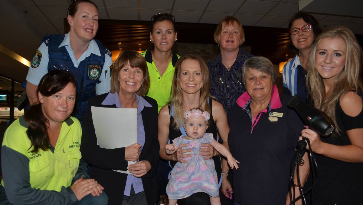 Meet (back, left to right) Senior Constable Rennai Kentwell, steel buildings construction worker Cindy King, General Practioner Judith Nall-Bird and primary school teacher Carrie Eatock; (front) Young Shire Council parks and gardens trainee horticulturalist Tina Smart, lawyer Rina Van Ommeren, mother of three Holly Cullen holding Piper, Councillor Sandy Freudenstein and hairdresser Shania Simms.    	